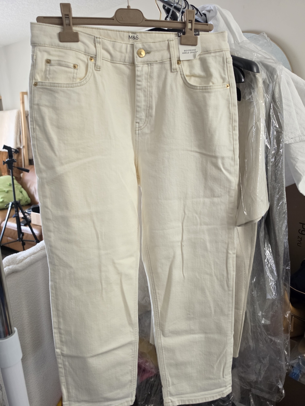 M&S Cream Straight-Leg Ankle Boyfriend Jeans Size 14
